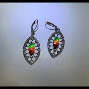Sterling Silver and Ammolite drop earrings with white sapphire accents.